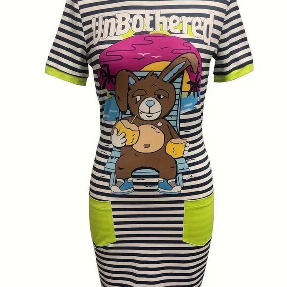 Striped Graphic T-Shirt Dress with Bear Design - Picture 1 of 3
